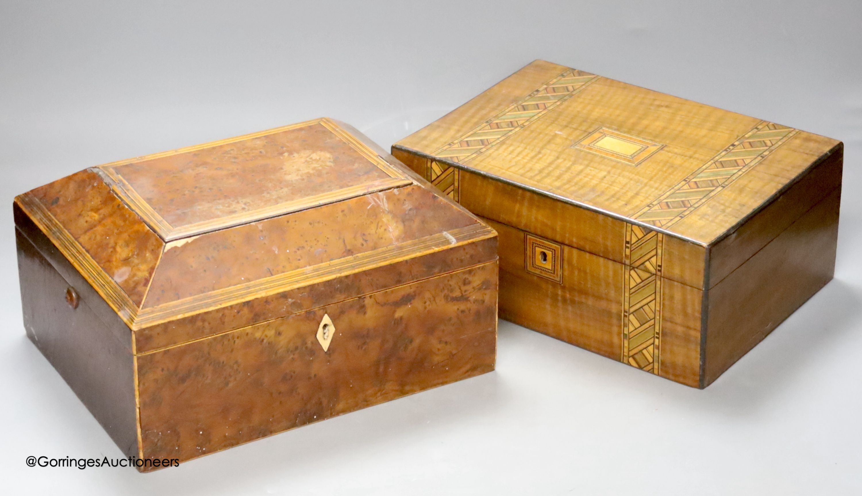 A Regency bird's eye maple work box, 13 cm high, 25 x 20cm and a parquetry box (2)